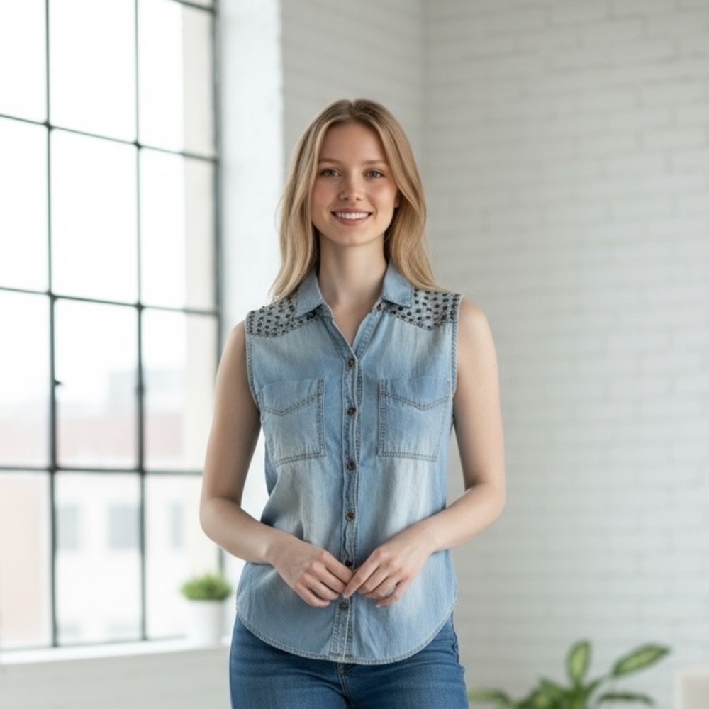 Mudd Women's Small‎ Vintage Y2K Studded Denim Sleeveless Top Shirt Light Wash